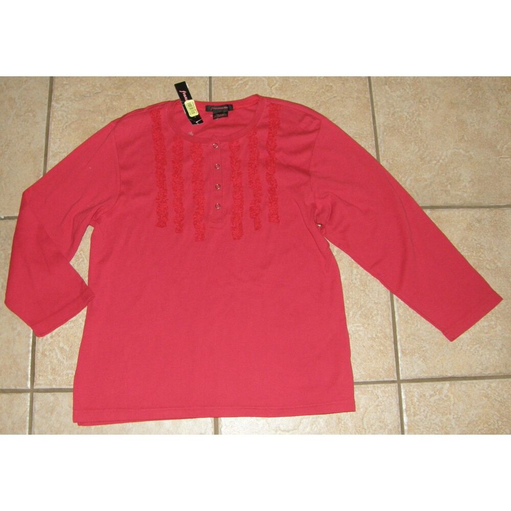 NEW Red Sz XL Casual Wear Soft Stretchy Cotton Ruffled Tee Shirt FRANCESCA ROSE